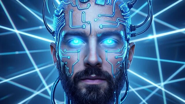 Bearded man with glowing blue eyes and cybernetic head implants. Futuristic human enhancement and neural interface technology. Lockdown shot.