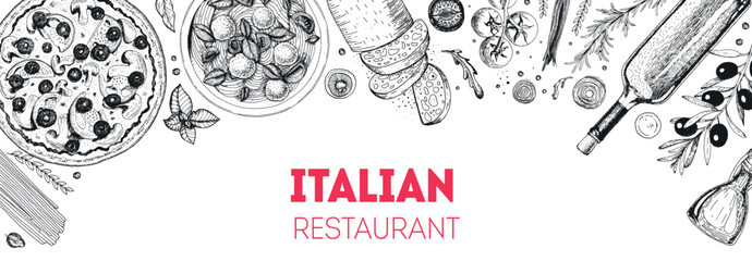 Italian cuisine top view. Italian food menu design. Engraving style illustration. Vintage hand drawn sketch vector illustration. © DiViArts