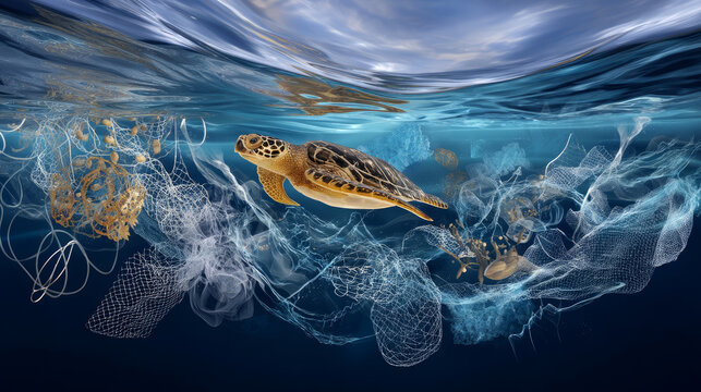 Plastic pollution in the ocean is an environmental problem. Turtles may eat plastic bags, mistaking them for jellyfish. A global problem, a threat to ocean wildlife and calling for urgent action