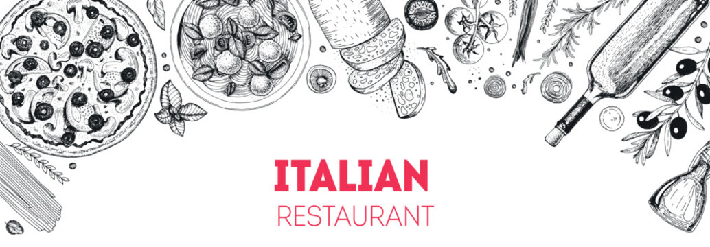 Italian cuisine top view. Italian food menu design. Engraving style illustration. Vintage hand drawn sketch vector illustration.