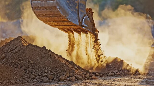 Heavy machinery excavator digging and moving brown dirt piles on construction site with dust clouds