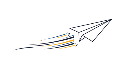 Paper airplane flies through the air leaving a trail of colorful motion lines behind in a simple graphic illustration.