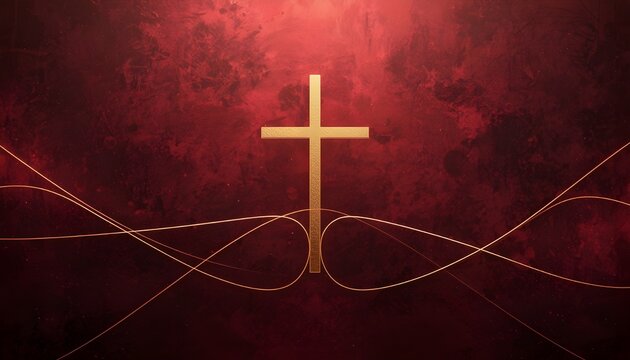 A golden cross stands out against a dramatic red background with elegant lines