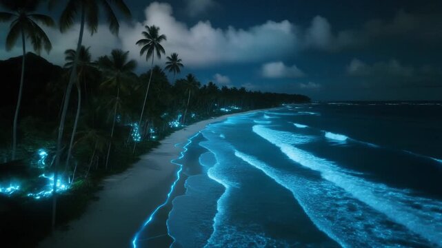  drone shot glides above a tropical shoreline where bioluminescent waves glow in electric blue patterns