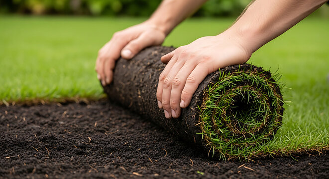 Gardener hands unrolling freshly cut sod for lawn installation in backyard garden, dark soil and green grass for landscaping project on sunny day with natural light
