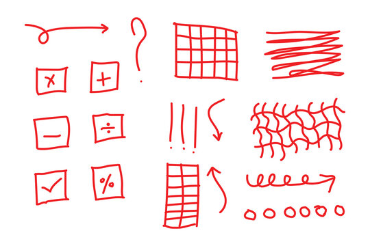 A collection of red hand drawn symbols and mathematical notation