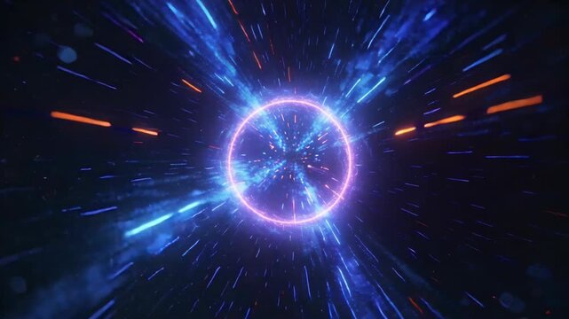 A Sci-Fi Portal to Another Dimension: An Abstract Space-Time Warp Featuring a Vibrant Orange Ring and Bursting Blue Light Streaks, A Cosmic Gate Opening to New Worlds