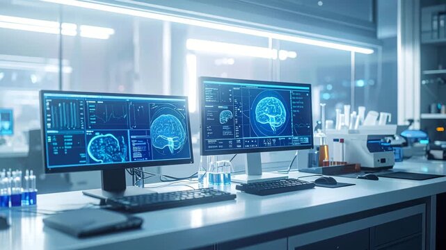 Brain Analysis in Laboratory: A high-tech laboratory setting features two computer monitors displaying intricate brain analysis scans, surrounded by scientific instruments.