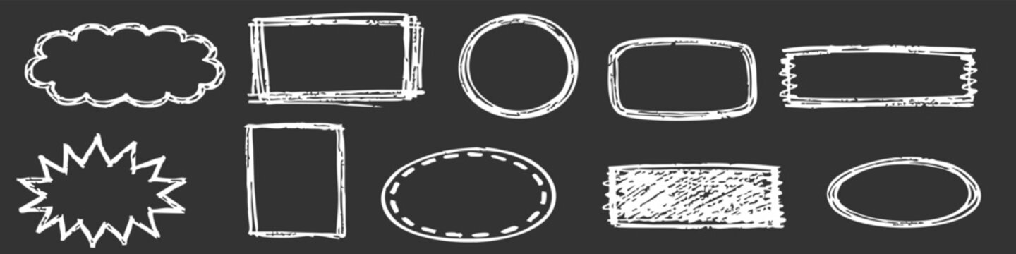 Set of hand-drawn white chalk frames, borders, and speech bubbles on a dark chalkboard background. Decorative sketchy doodle elements for design.