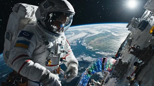 Astronaut works on space station outside Earth during daylight