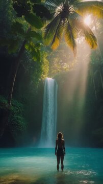 A still back-view silhouette stands at the base of an emerald green tropical waterfall.