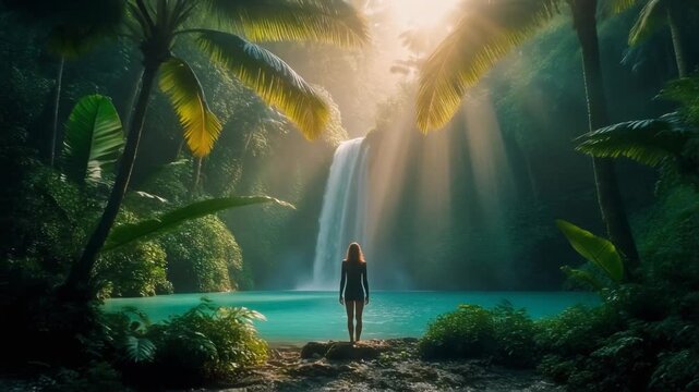 A still back-view silhouette stands at the base of an emerald green tropical waterfall.