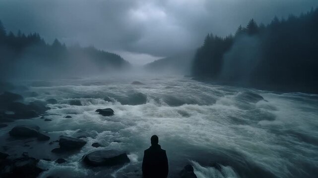 A still silhouette stands on dark, wet stones beside a raging, fast-moving river during a storm