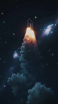 Heavy-lift rocket launching into starry night sky with nebula. Vertical video of spacecraft ignition and ascent.