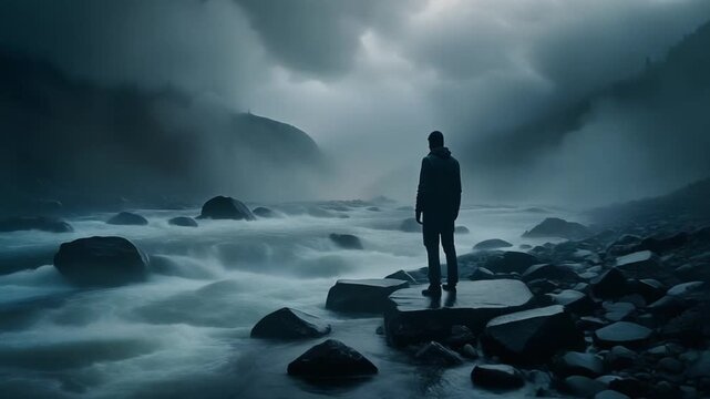 A still silhouette stands on dark, wet stones beside a raging, fast-moving river during a storm
