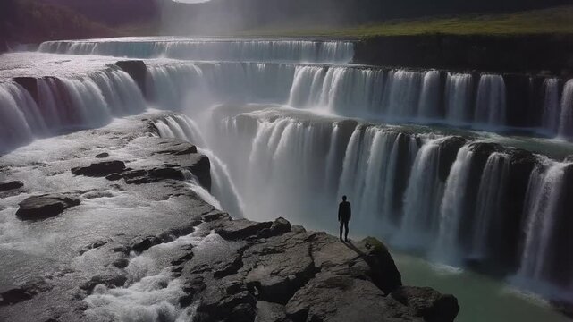  drone orbit shot reveals a still silhouette standing at the edge of cascading multi layered waterfalls.