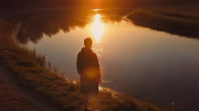 A lone silhouette stands at the curve of a peaceful riverbend during sunset.