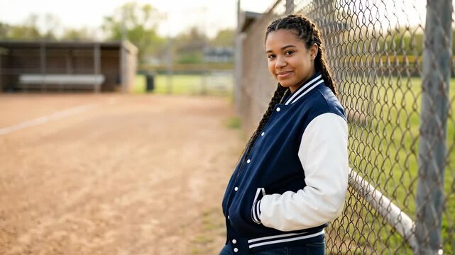 smiling african american teen girl in varsity jacket leaning against chain link fence. happy student athlete on softball field. high school sports portrait. education, lifestyle, social media.
