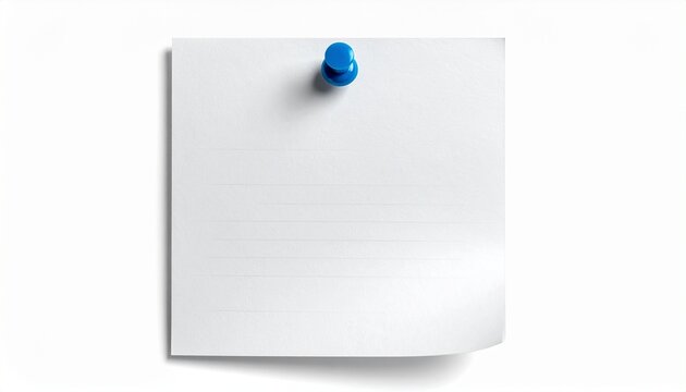 A blank white square paper pinned with a blue pushpin, isolated on transparent background, symbolizing notes, reminders, and the simplicity of everyday communication.