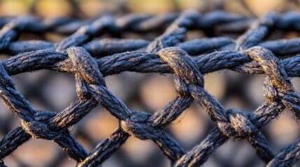 Close up view of an intricate woven mesh made of dark industrial grade rope with a blurred background