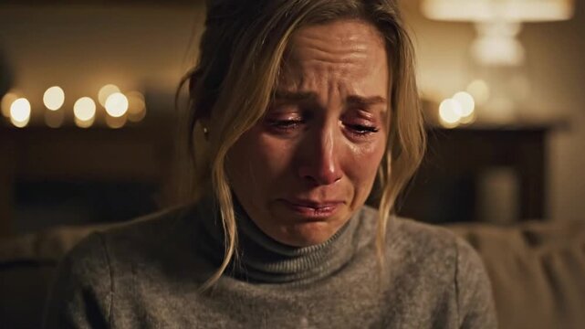 Woman shows strong emotion while wiping her tears in a dimly lit room during a quiet evening