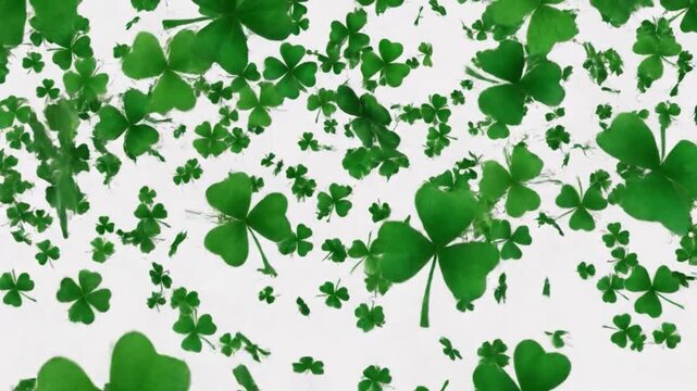 Four-leaf clovers falling on a white background for St. Patrick's Day.