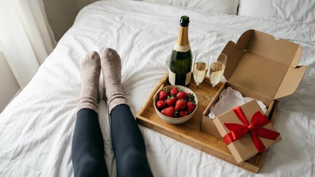 woman legs in socks on bed near wooden tray with strawberries, champagne bottle and gift box with red ribbon. romantic valentine day morning surprise. anniversary celebration, greeting card.