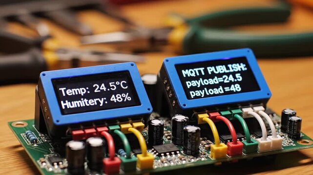 Close up of electronic circuit boards with temperature and humidity displays on a wooden workbench with tools