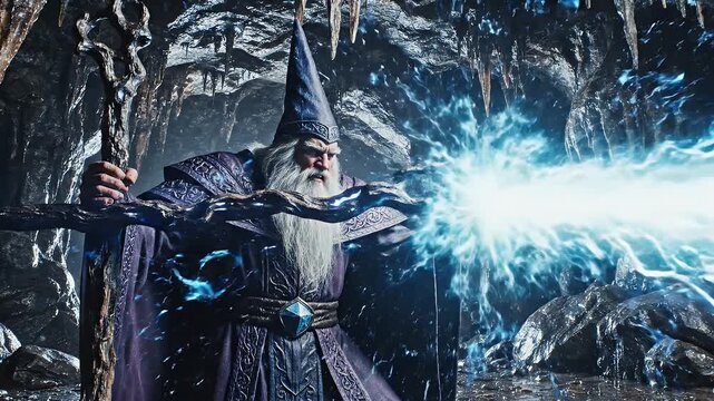 Wizard Casting Powerful Spell in Cave - A wizard clad in intricate robes is casting a vibrant blue spell, emitting intense energy within a rocky cavern.