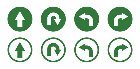 Go Straight, U-Turn, Left and Right Arrow Black and White Traffic Direction Icon Set – Round Road Sign Symbols Collection, Navigation Arrows, Highway Direction Signs, Vector Illustration Pack for Maps © Ibrahim Creative420