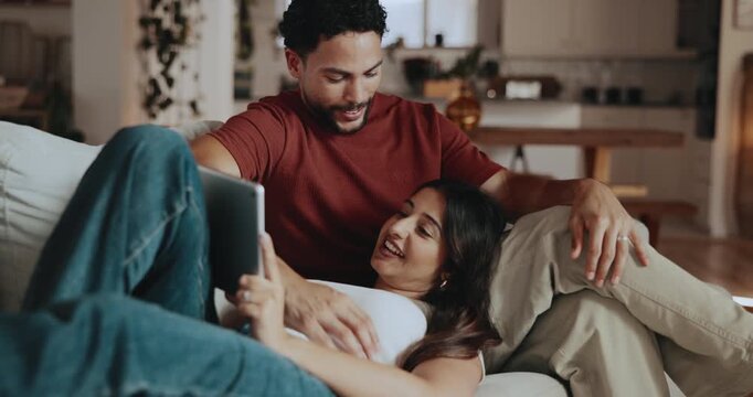 Couple, laugh and conversation on sofa with tablet, funny story and social media for bonding together. Happy, married people and talk in home with tech, online meme and connection for internet humor.