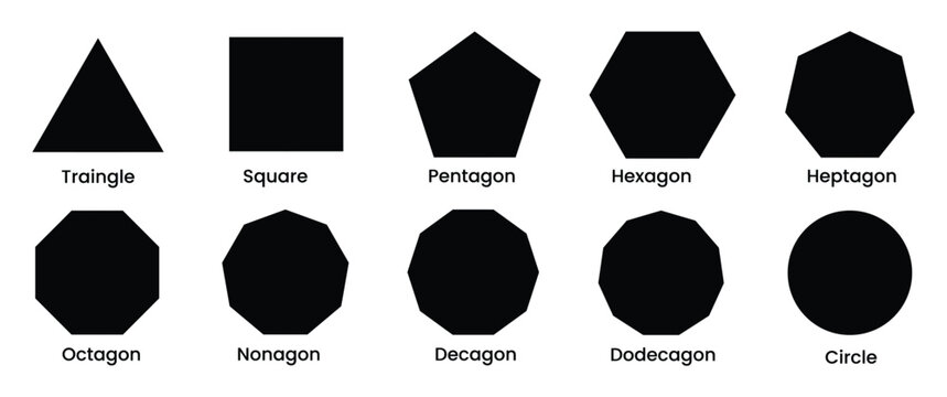 Basic 2D Geometric Shapes Chart &ndash; Triangle, Square, Pentagon to Dodecagon and Circle in Solid Black Style, Labeled Polygon Shapes Diagram for Education, Mathematics, Geometry Learning and Graphic Desi