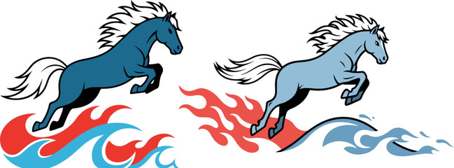 Obraz premium Vector illustration of two jumping horses, one blue over red flames and one light blue over blue waves, isolated on white