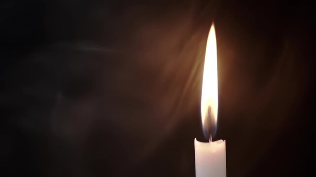 Burning Wax Candle in Cloud of Thick Smoke on Black Background. Puffs of thick smoke fill empty space with burning candle. Abstract, isolated. Blurred motion. Soft texture, structure of smoke or steam