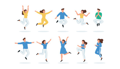 Set of happy people jumping in the air and celebrating victory flat vector illustration