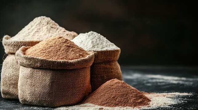 Piles of different types of flour whole wheat rye in burlap sacks