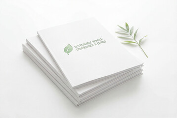 A stack of sustainable reports with a green leaf logo.