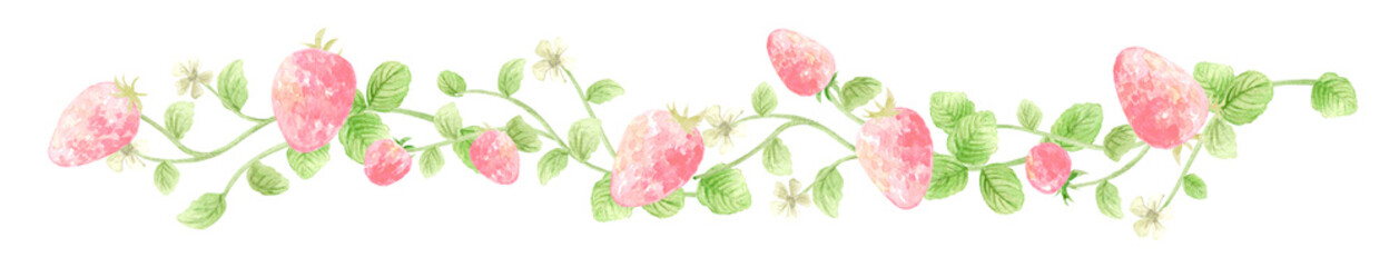Watercolor pink strawberry border with white flowers. Hand-painted fruit footer illustration.-300dpi-