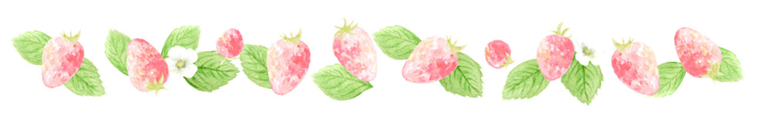 Watercolor pink strawberry border with white flowers. Hand-painted fruit footer illustration.-300dpi-