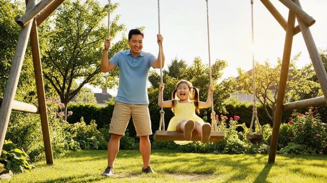 Father and daughter enjoy swinging in the garden during afternoon sunlight