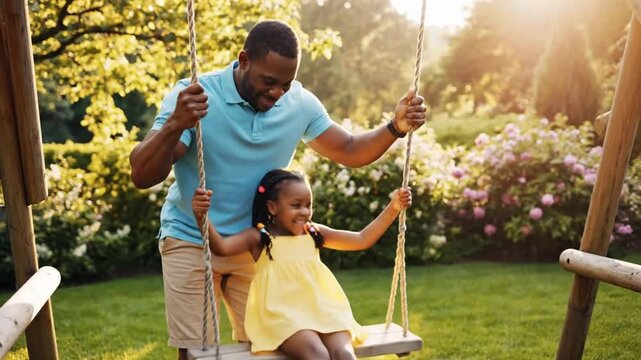 Father and daughter enjoy time together on swings in a sunny park during the afternoon