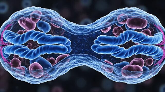 Dividing Cell Illustration - An illustration shows a cell in the process of cellular division. The cell's internal structure is visible, including nucleus-like structures and DNA or chromosomes.