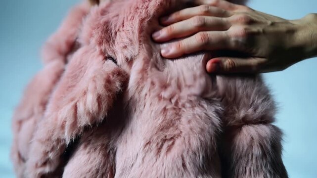 Woman's hand gently touching soft pink fur coat