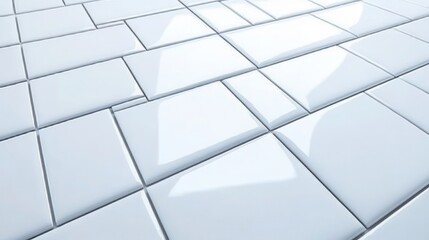 Smooth uniform white ceramic tiles arranged in a repeating geometric pattern casting subtle shadows and reflections