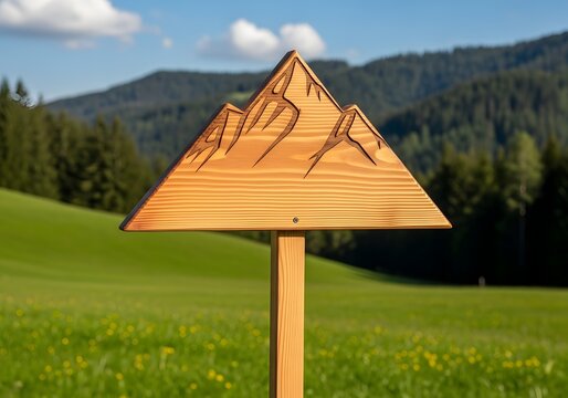 Hand carved wooden triangular sign depicting mountain peaks in a scenic alpine landscape with green fields and trees