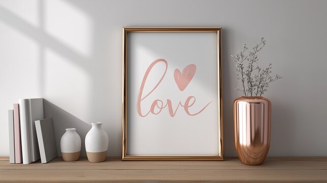 Mockup of poster in wooden frame with cursive love word and heart in rose gold on white paper, set on wood shelf with golden vase and plants