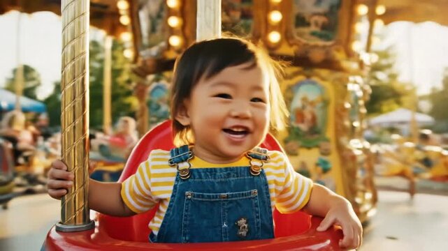 Child smiles while playing on carousel at park during sunny afternoon
