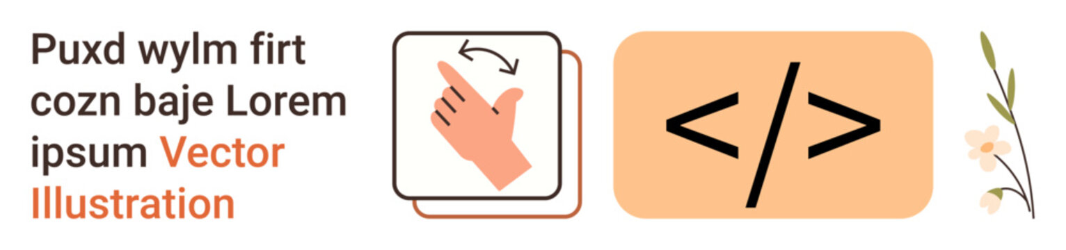 User interface design, coding, gesture icons, programming languages, software development, decorative elements. A hand gesture symbol, coding tag icon and floral element arranged. User interface