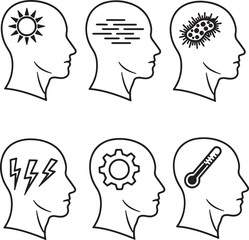 Six human head profiles each with a different symbol inside representing thoughts or conditions sun lightning bolt bacteria gear thermometer and horizontal lines also transparent background