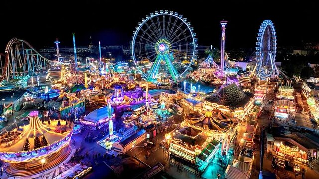 Aerial view of a vibrant amusement park at night with colorful lights, thrill rides, and a bustling carnival atmosphere.